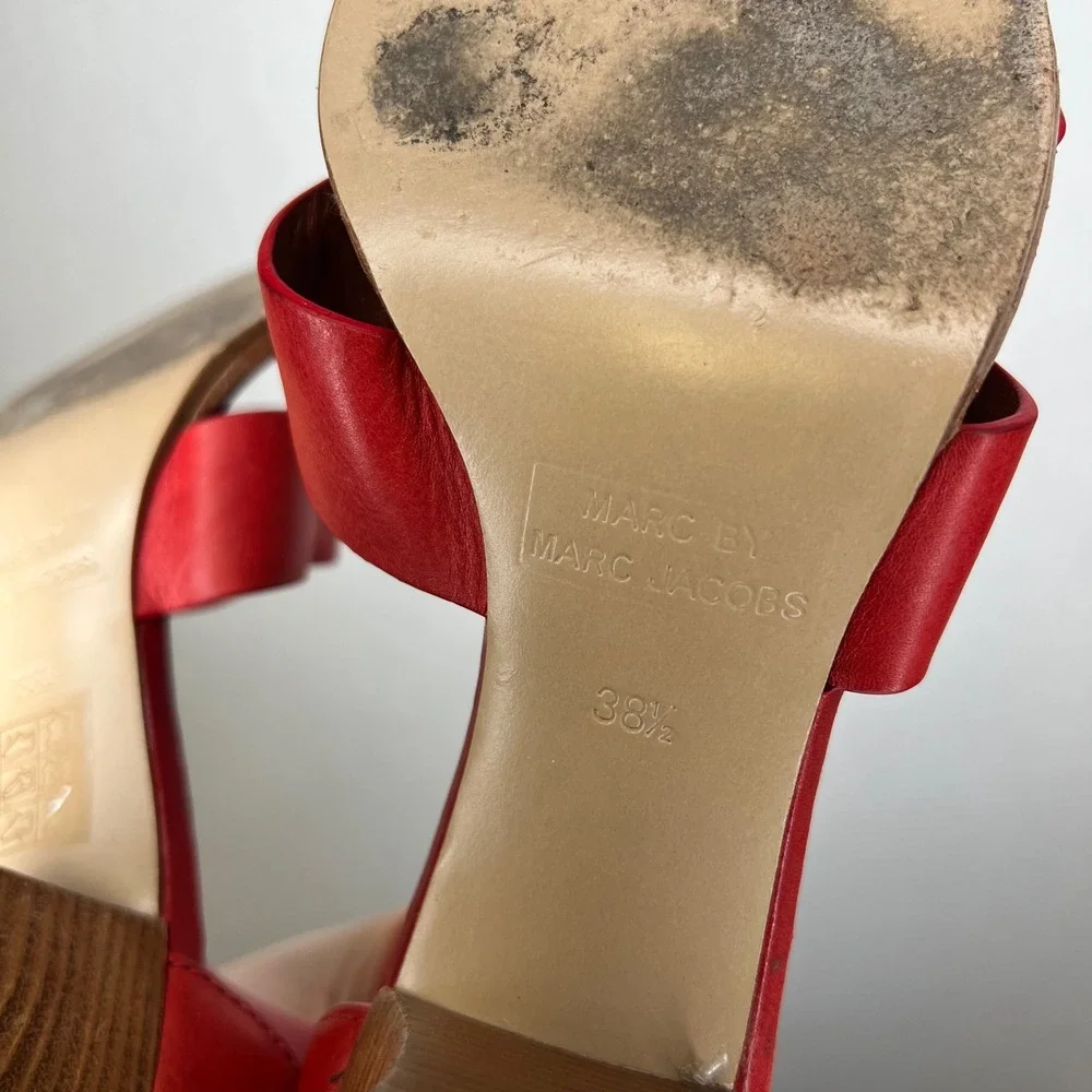 Marc by Marc Jacobs Red Leather Ankle Strap Block Heel Sandals Women's Size 38.5 - Picture 6 of 7